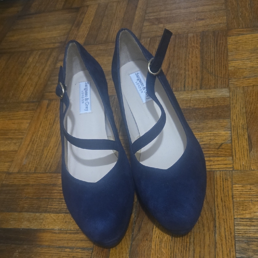 Dark Navy Blue Stacked Heel Suede Mary Janes Shoe BUNION FRIENDLY